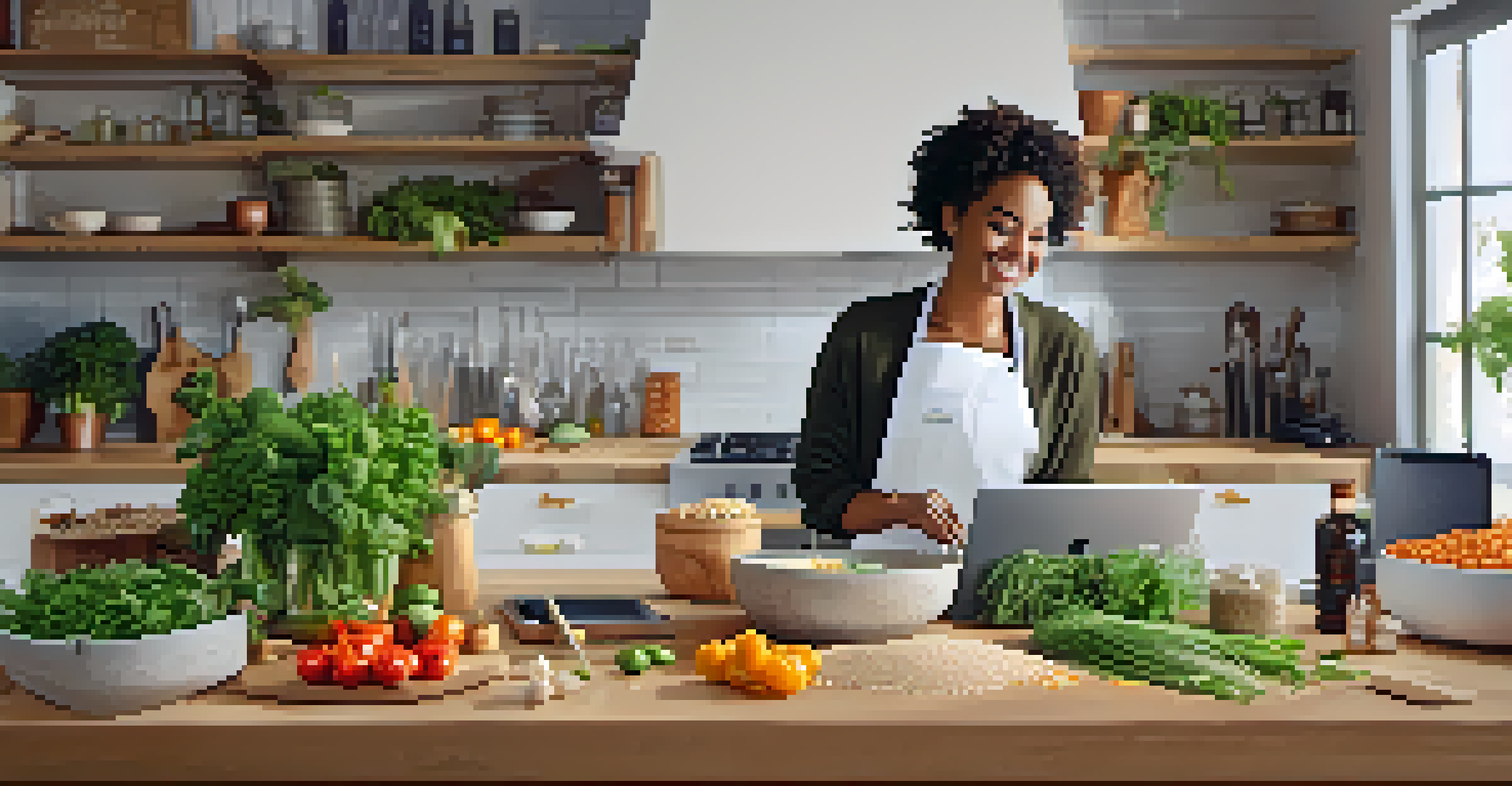 A laptop showing a cooking instructor with various ingredients around it, set in a warm and inviting kitchen.