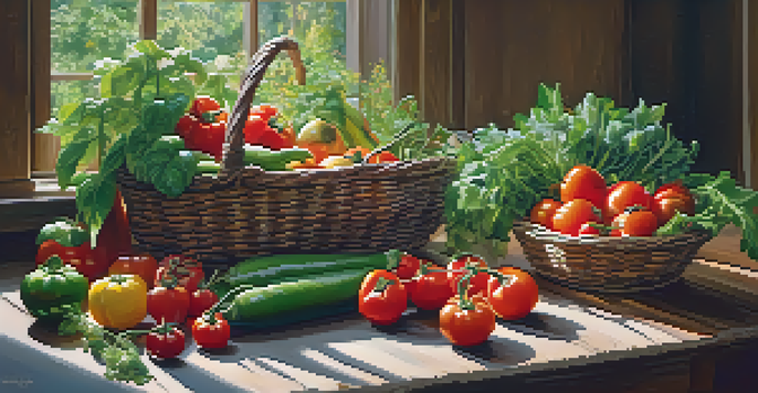 A colorful garden filled with vegetables and herbs, with sunlight shining through the leaves and a rustic table displaying a basket of fresh produce.