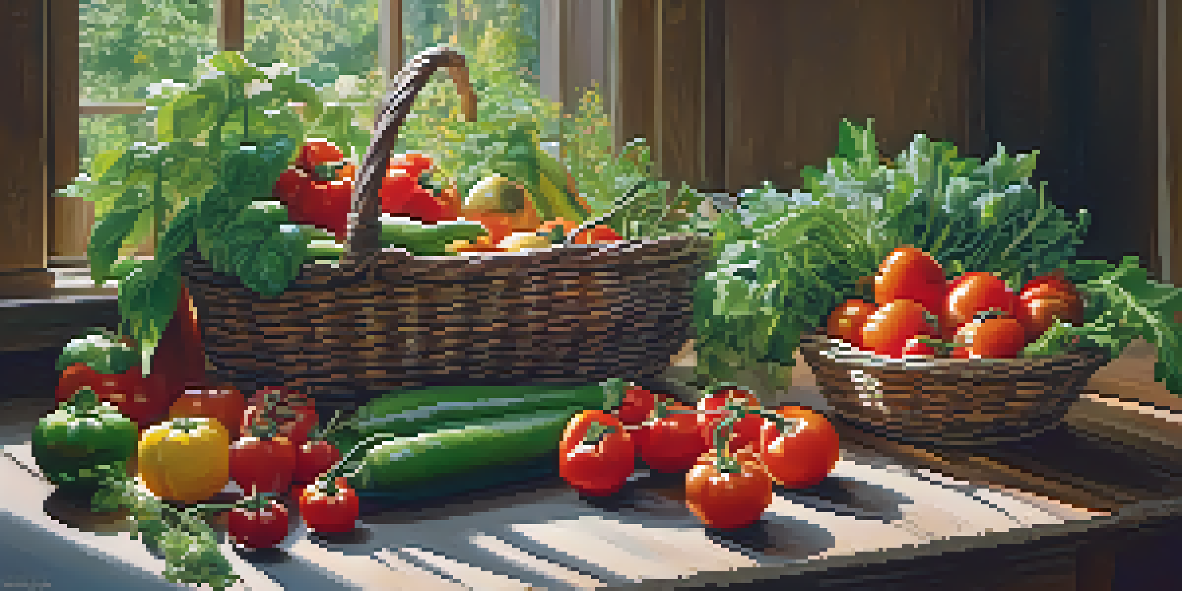 A colorful garden filled with vegetables and herbs, with sunlight shining through the leaves and a rustic table displaying a basket of fresh produce.