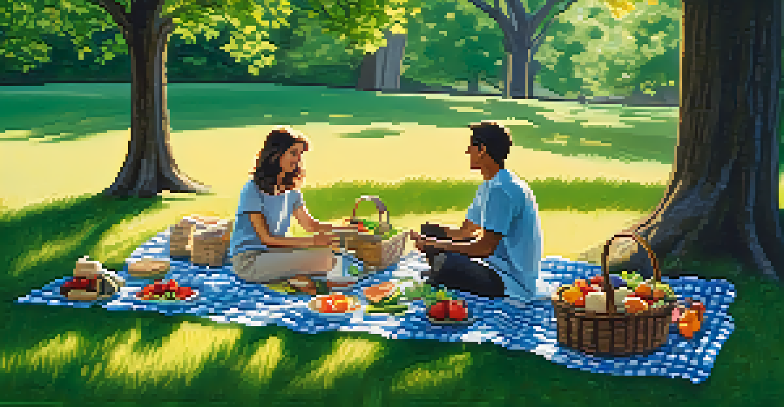 An outdoor picnic scene with a blanket, a basket of fresh vegetables and fruits, and a couple enjoying a vegetarian meal.
