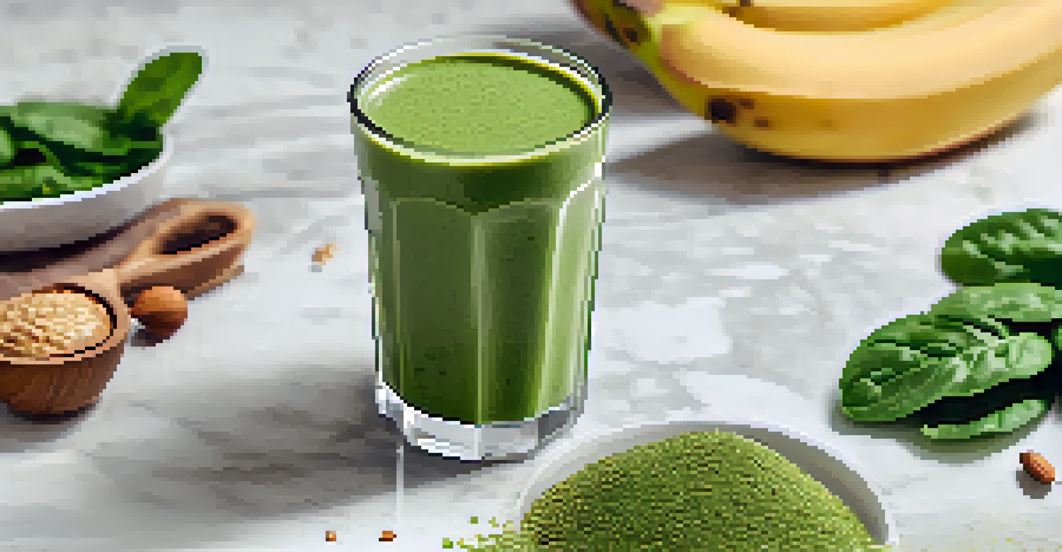 A green smoothie in a clear glass, made with almond milk and spinach, placed on a marble countertop with chia seeds scattered around.