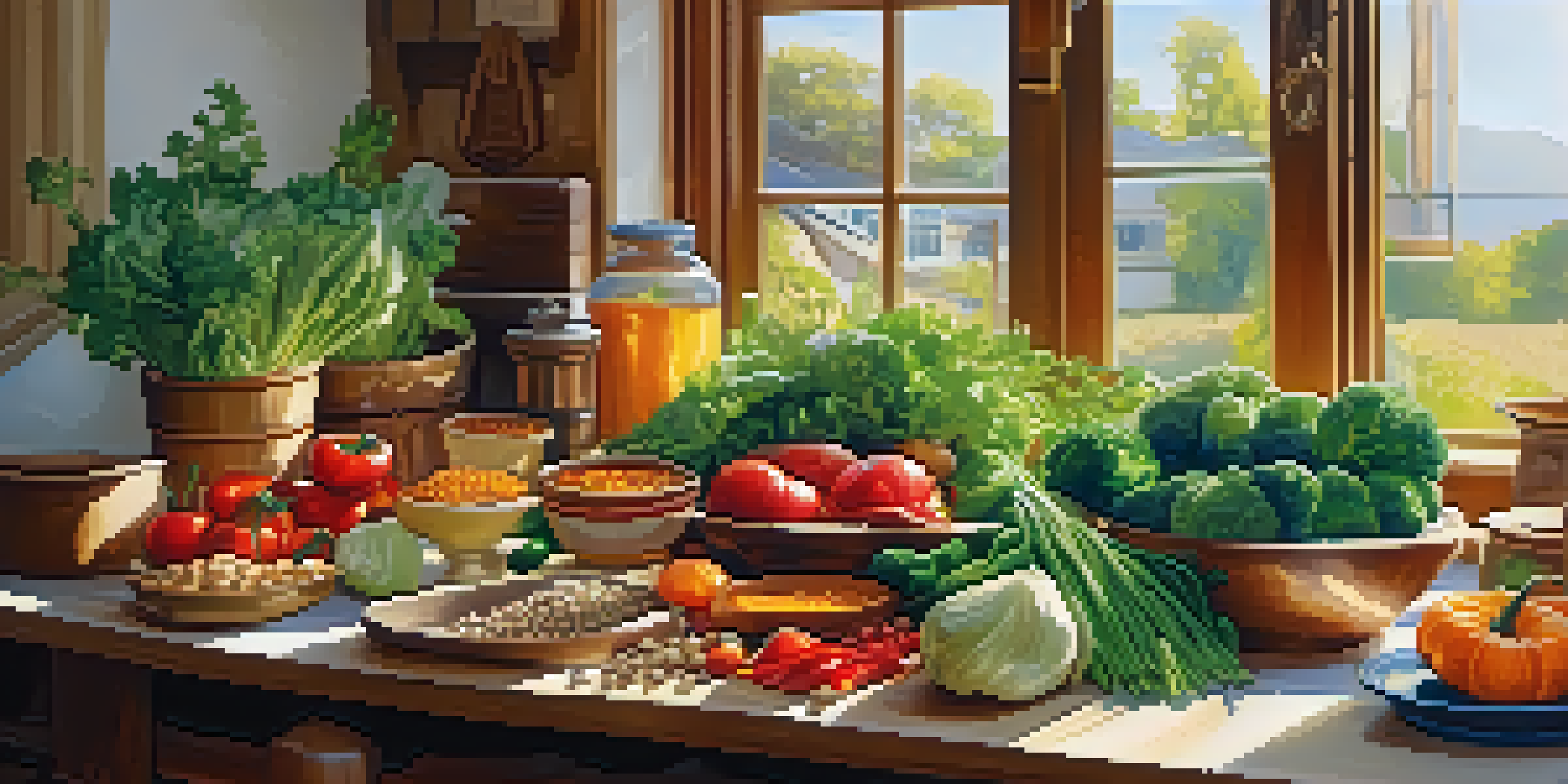 A warm kitchen setting with fresh vegetables and grains on a wooden table, illuminated by sunlight, along with a pot of vegetable soup on the stove.