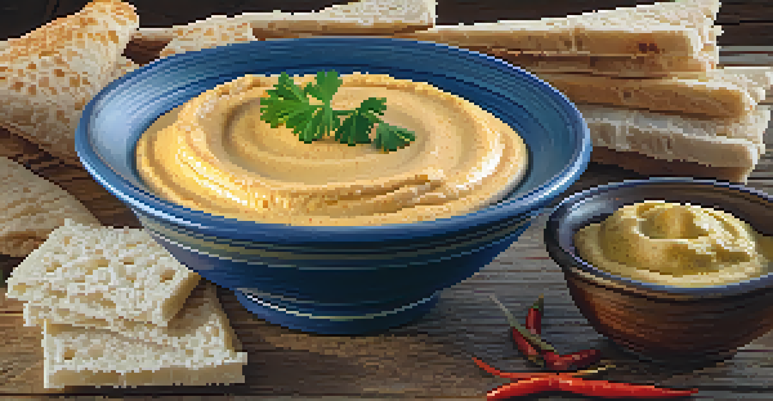 A close-up image of a bowl of creamy hummus, garnished with olive oil and spices, with pita bread in the background.