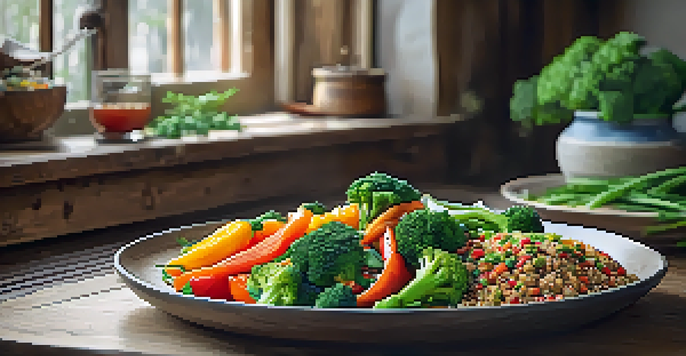 A colorful plate filled with a vegetable stir-fry and quinoa, set on a rustic wooden table with natural light.