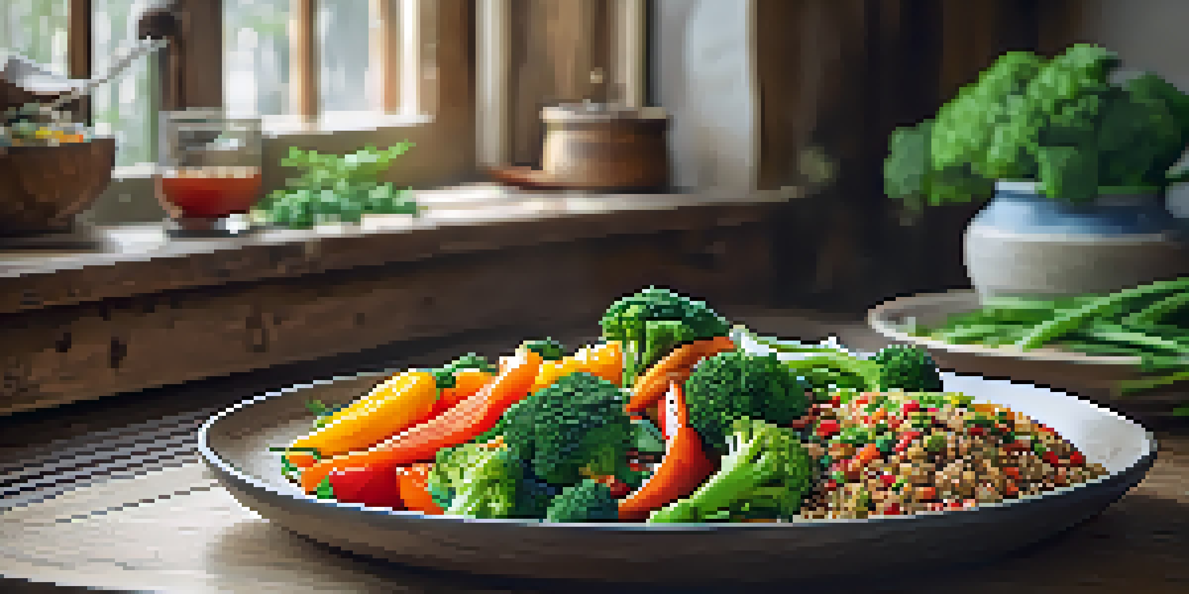 A colorful plate filled with a vegetable stir-fry and quinoa, set on a rustic wooden table with natural light.