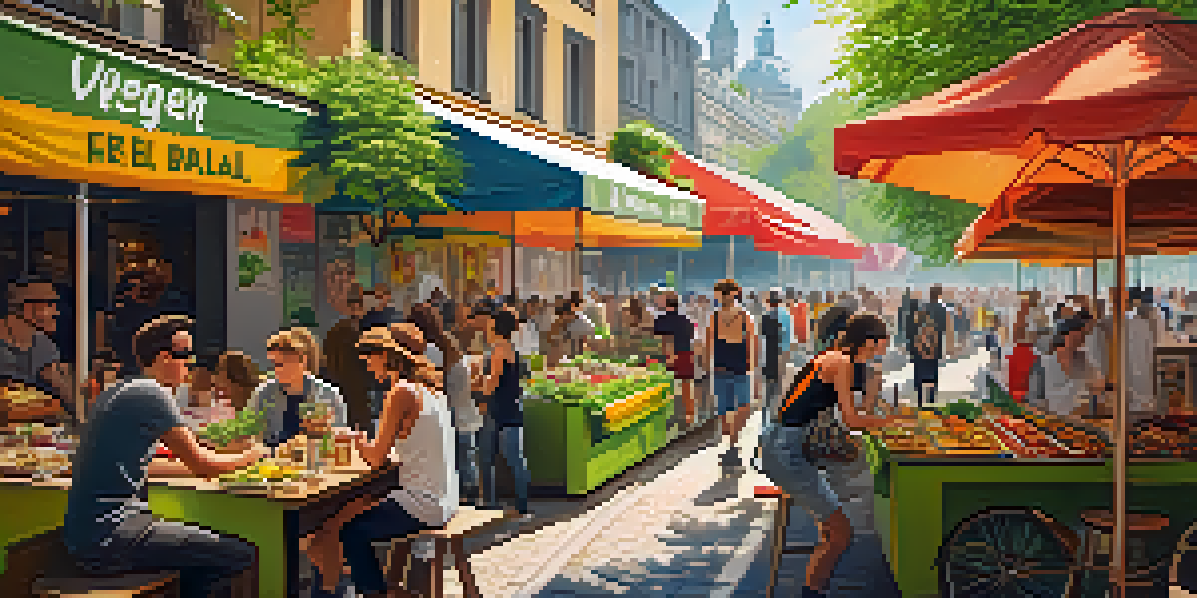 A bustling vegan food market in Berlin with colorful stalls filled with plant-based dishes and people enjoying their meals.