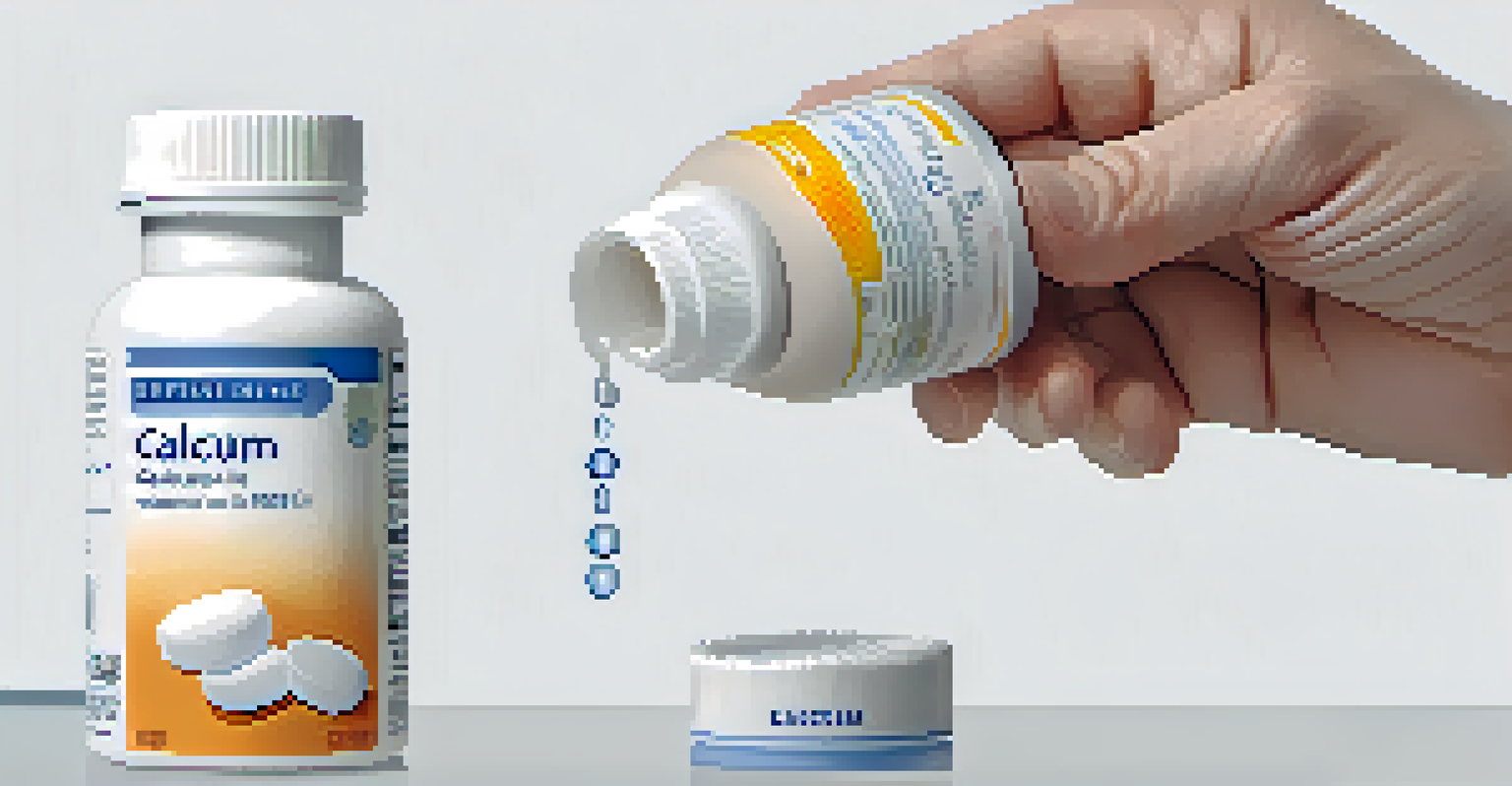 A close-up of a hand holding a calcium supplement bottle with tablets and a glass of water, focusing on the label and health theme.