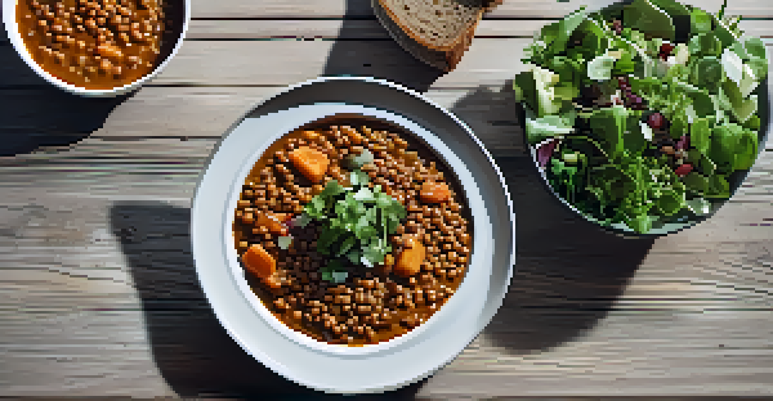 A beautifully presented plant-based meal with lentil stew, fresh salad, and whole grain bread on a wooden table, showcasing the vibrant colors and textures of the food.