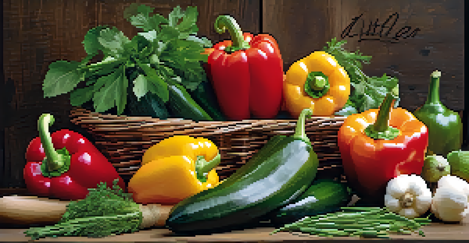 A CSA basket filled with seasonal fruits and vegetables on a rustic wooden table, with a recipe card beside it.