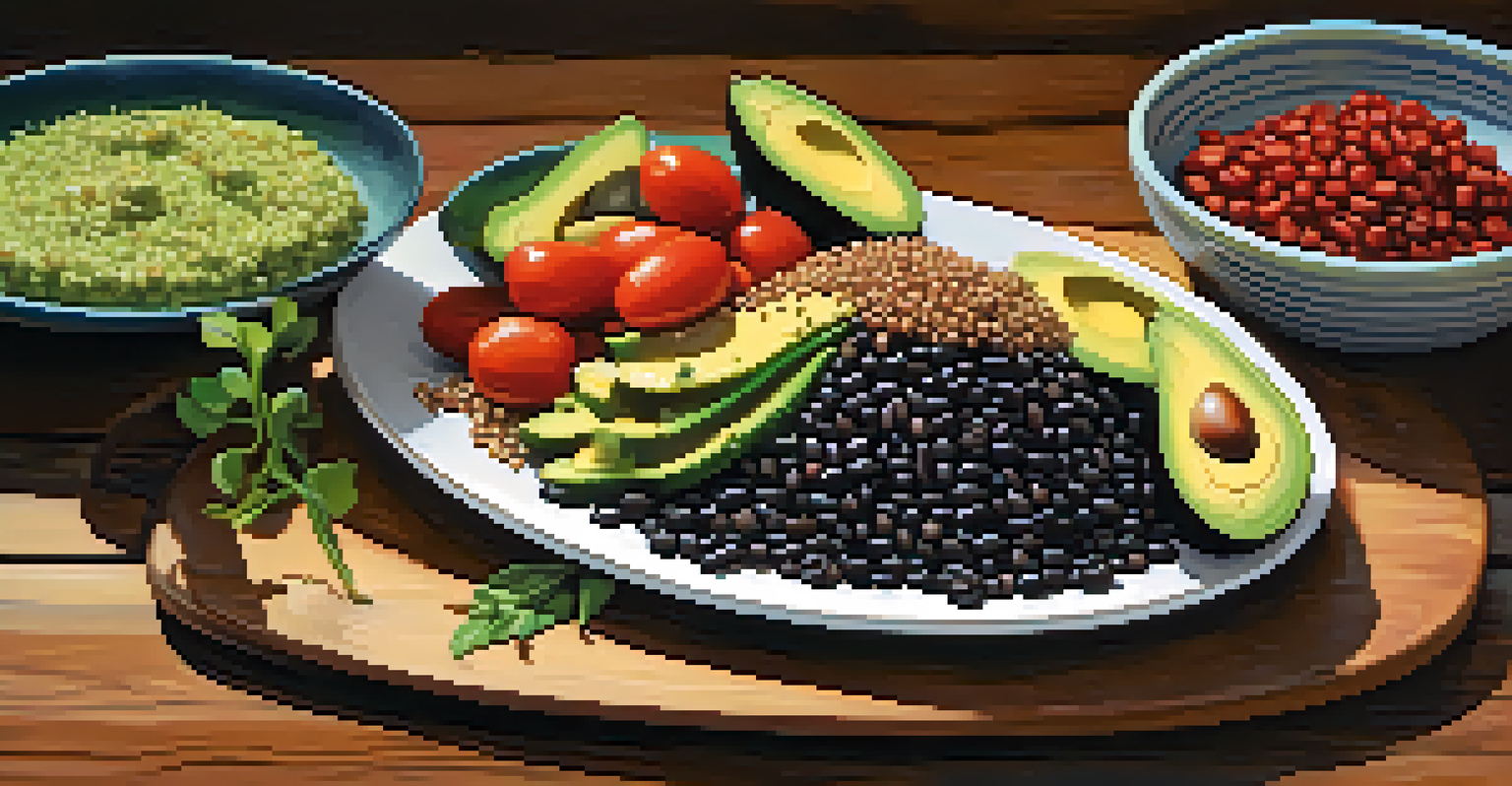 A close-up of a vegetarian meal with quinoa, black beans, avocado, and roasted vegetables arranged on a rustic plate, with olive oil in the background.