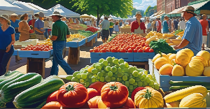 A lively farmer's market filled with colorful fruits and vegetables, with sunlight filtering through trees and shoppers interacting with farmers.
