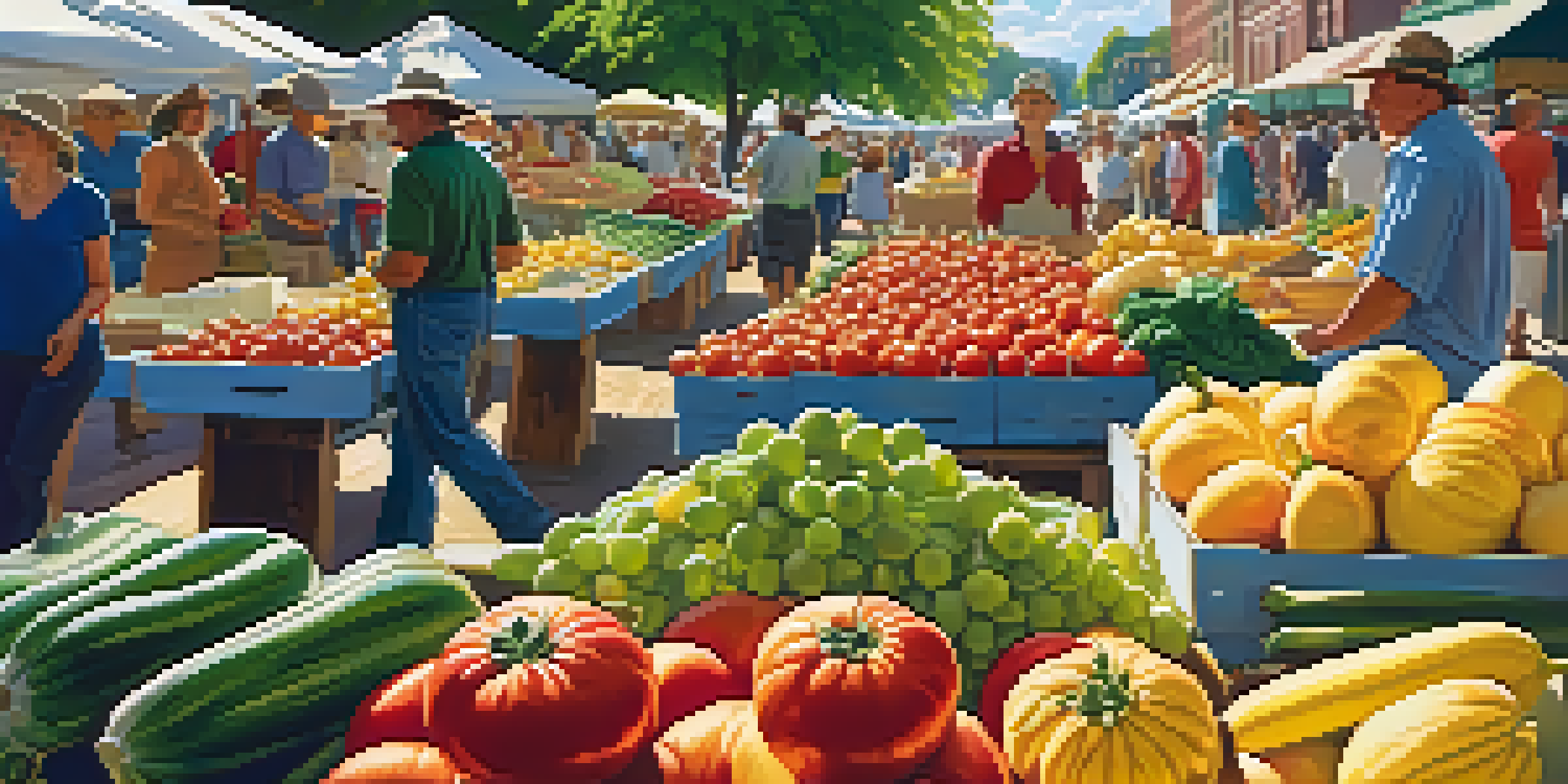 A lively farmer's market filled with colorful fruits and vegetables, with sunlight filtering through trees and shoppers interacting with farmers.