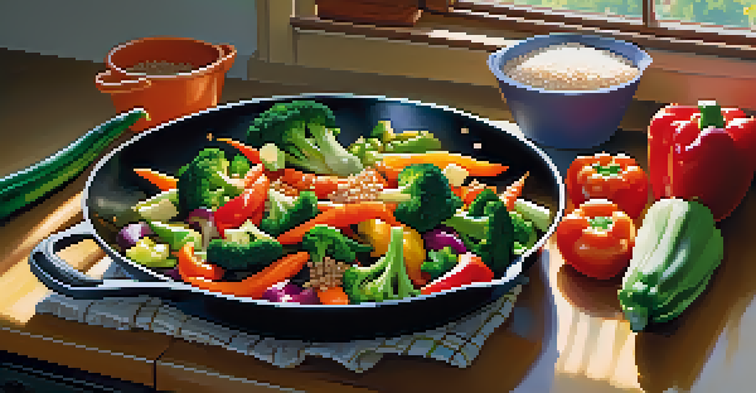 A vibrant vegetable stir-fry in a frying pan with fresh vegetables like bell peppers and broccoli, set in a bright kitchen.