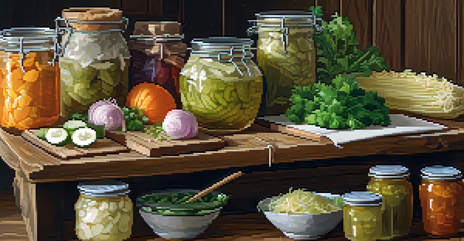 An assortment of colorful fermented foods, including sauerkraut, pickles, and miso soup, displayed on a rustic wooden table.
