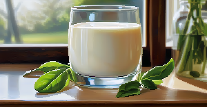 A glass of creamy soy milk on a wooden table with fresh soybeans and green leaves around it, illuminated by soft natural light.
