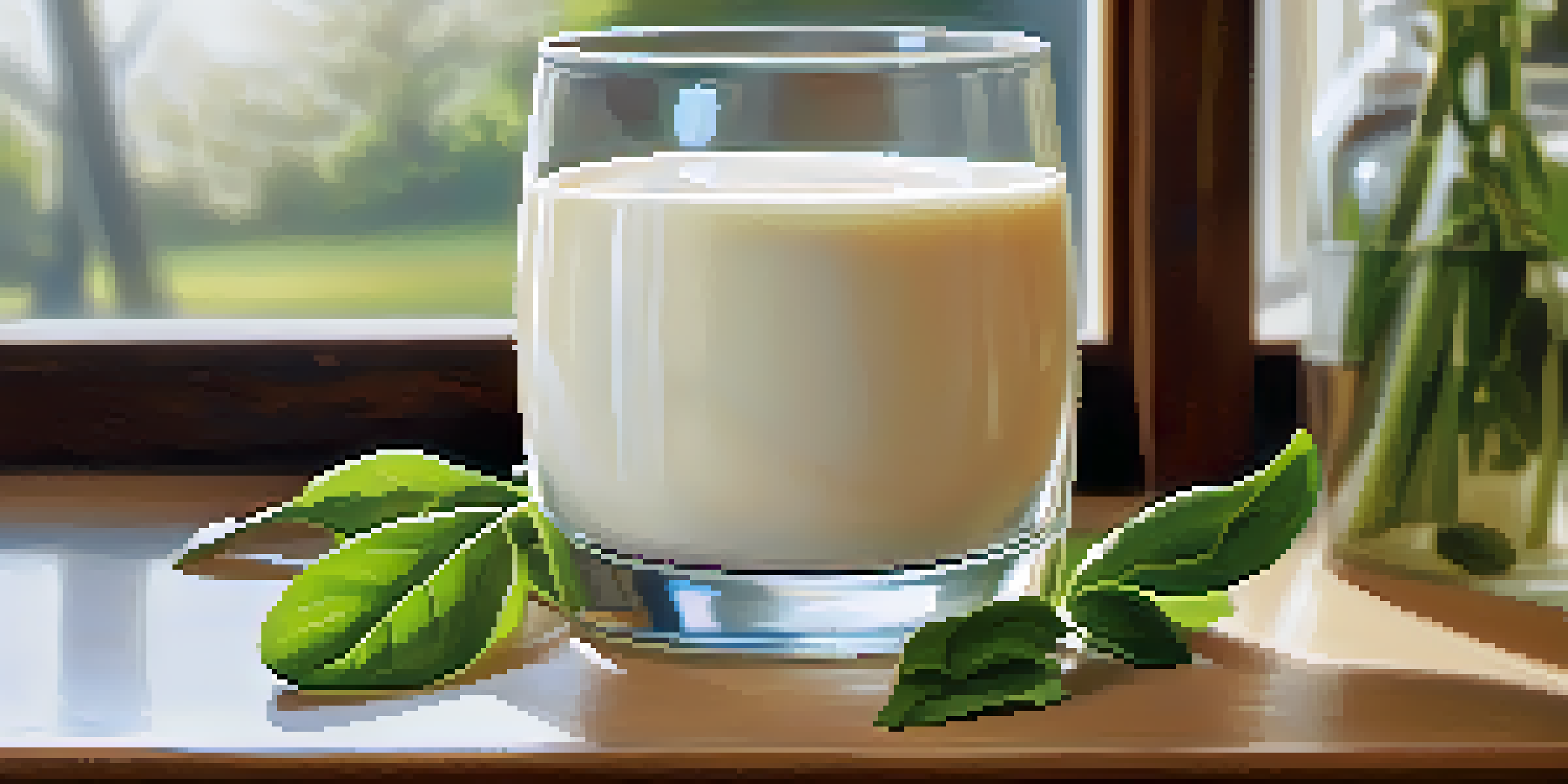 A glass of creamy soy milk on a wooden table with fresh soybeans and green leaves around it, illuminated by soft natural light.