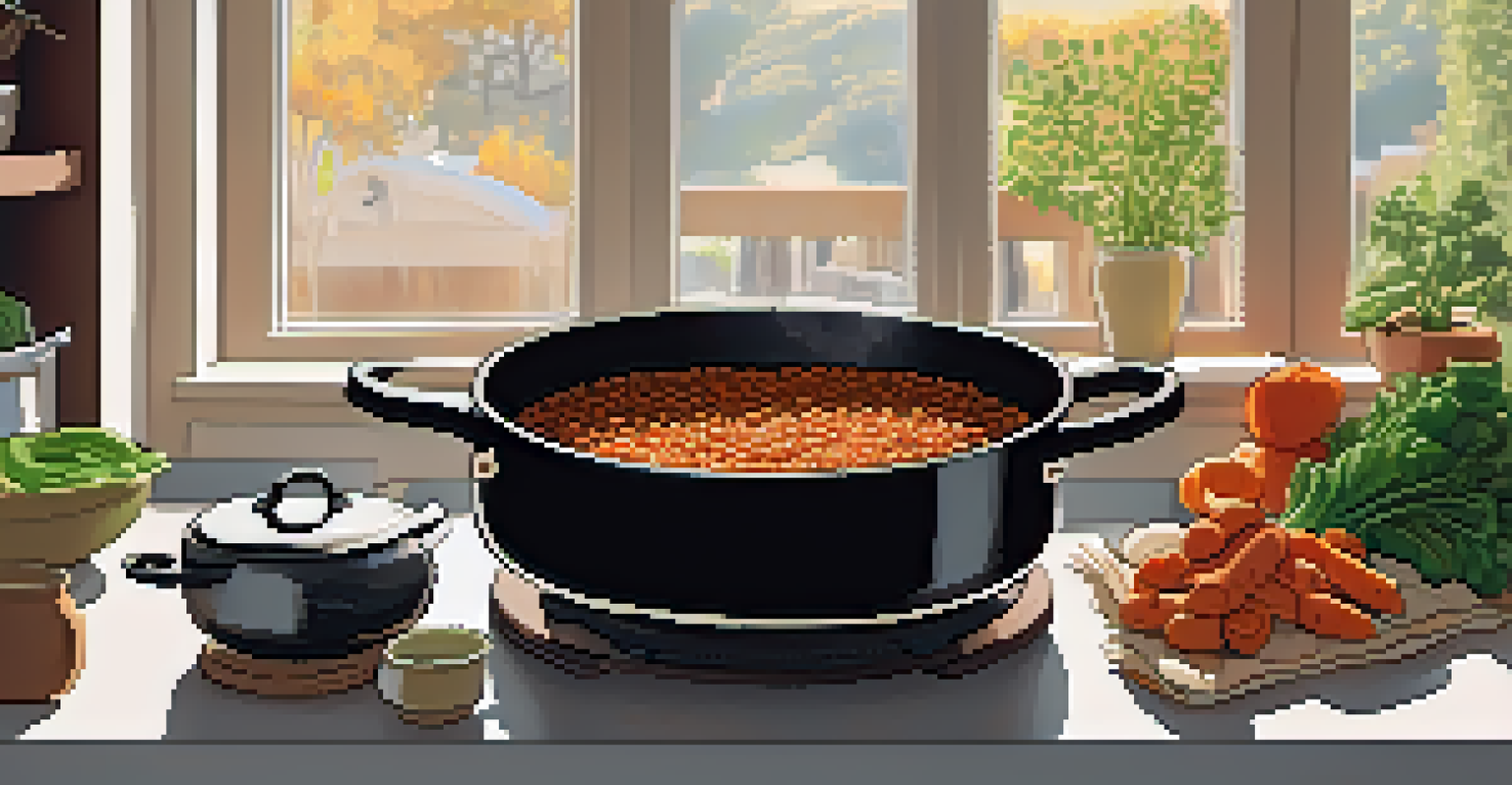 A hearty lentil and vegetable stew in a cast-iron pot on a stove, with sunlight streaming through a kitchen window.