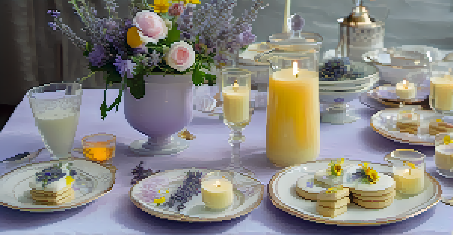A dessert table decorated with lavender shortbread cookies and panna cotta, garnished with edible flowers, creating a romantic ambiance.