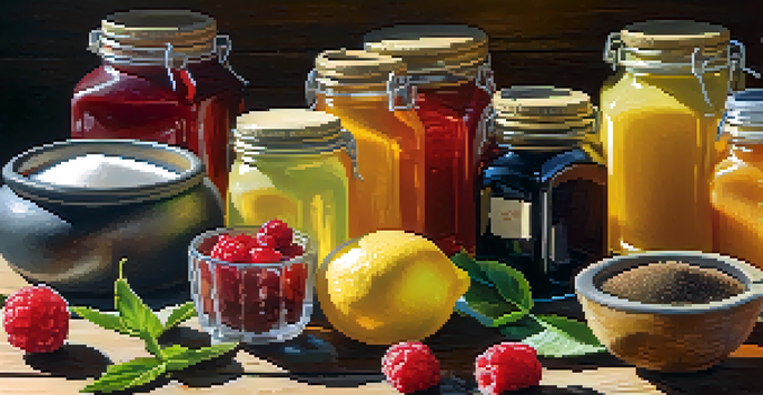 A colorful array of natural sweeteners on a wooden table, including jars of stevia, agave nectar, and coconut sugar, with fresh fruits around them.