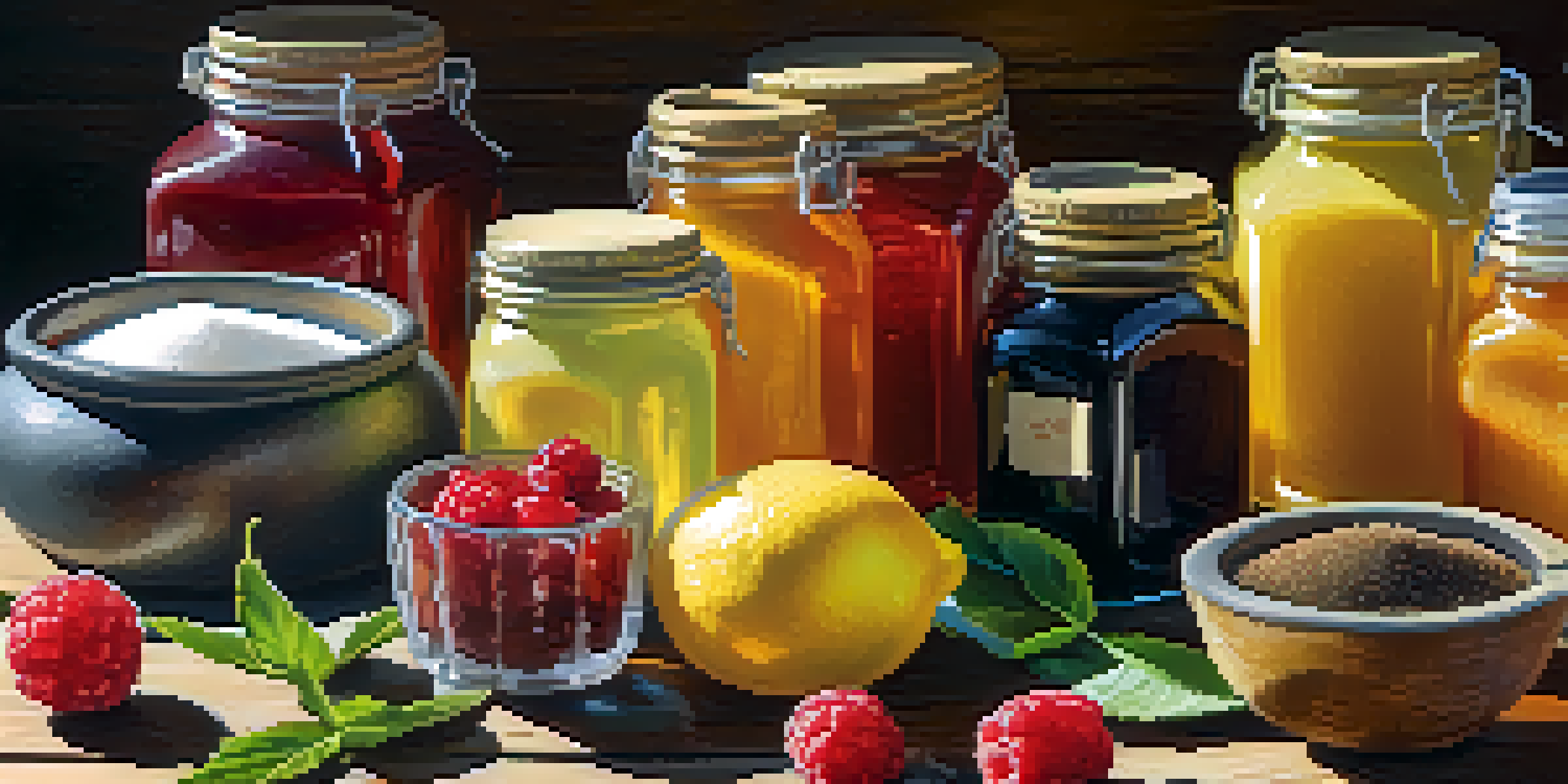 A colorful array of natural sweeteners on a wooden table, including jars of stevia, agave nectar, and coconut sugar, with fresh fruits around them.