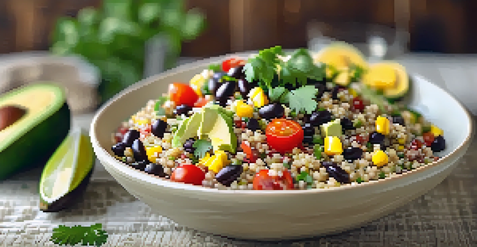 A colorful quinoa salad in a rustic wooden bowl, filled with black beans, corn, avocado, and tomatoes, with a sunny kitchen background.
