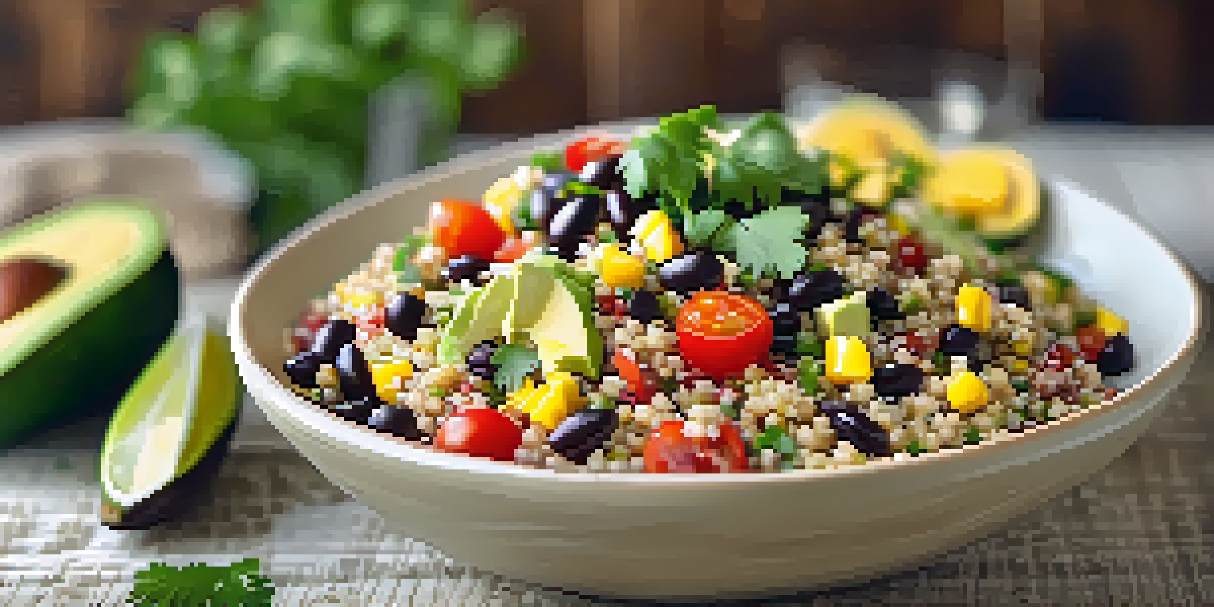 A colorful quinoa salad in a rustic wooden bowl, filled with black beans, corn, avocado, and tomatoes, with a sunny kitchen background.
