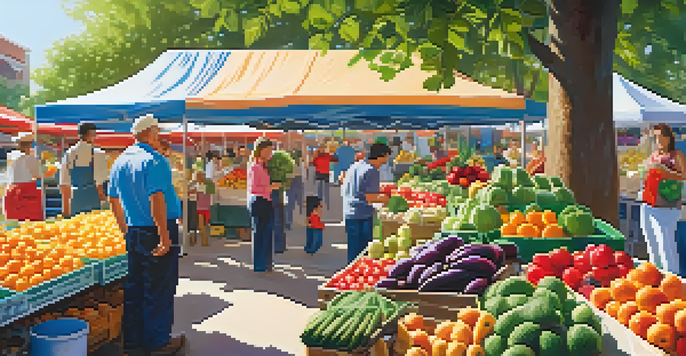 A lively farmer's market filled with colorful fruits and vegetables, with people enjoying the vibrant scene under warm sunlight.
