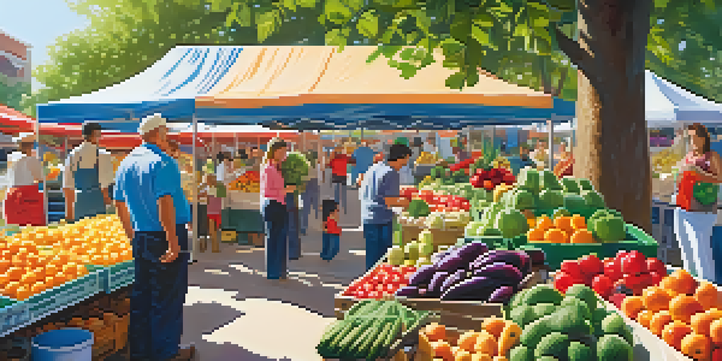 A lively farmer's market filled with colorful fruits and vegetables, with people enjoying the vibrant scene under warm sunlight.
