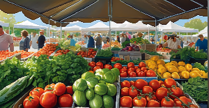 A farmer's market filled with colorful organic fruits and vegetables under a sunny tent.