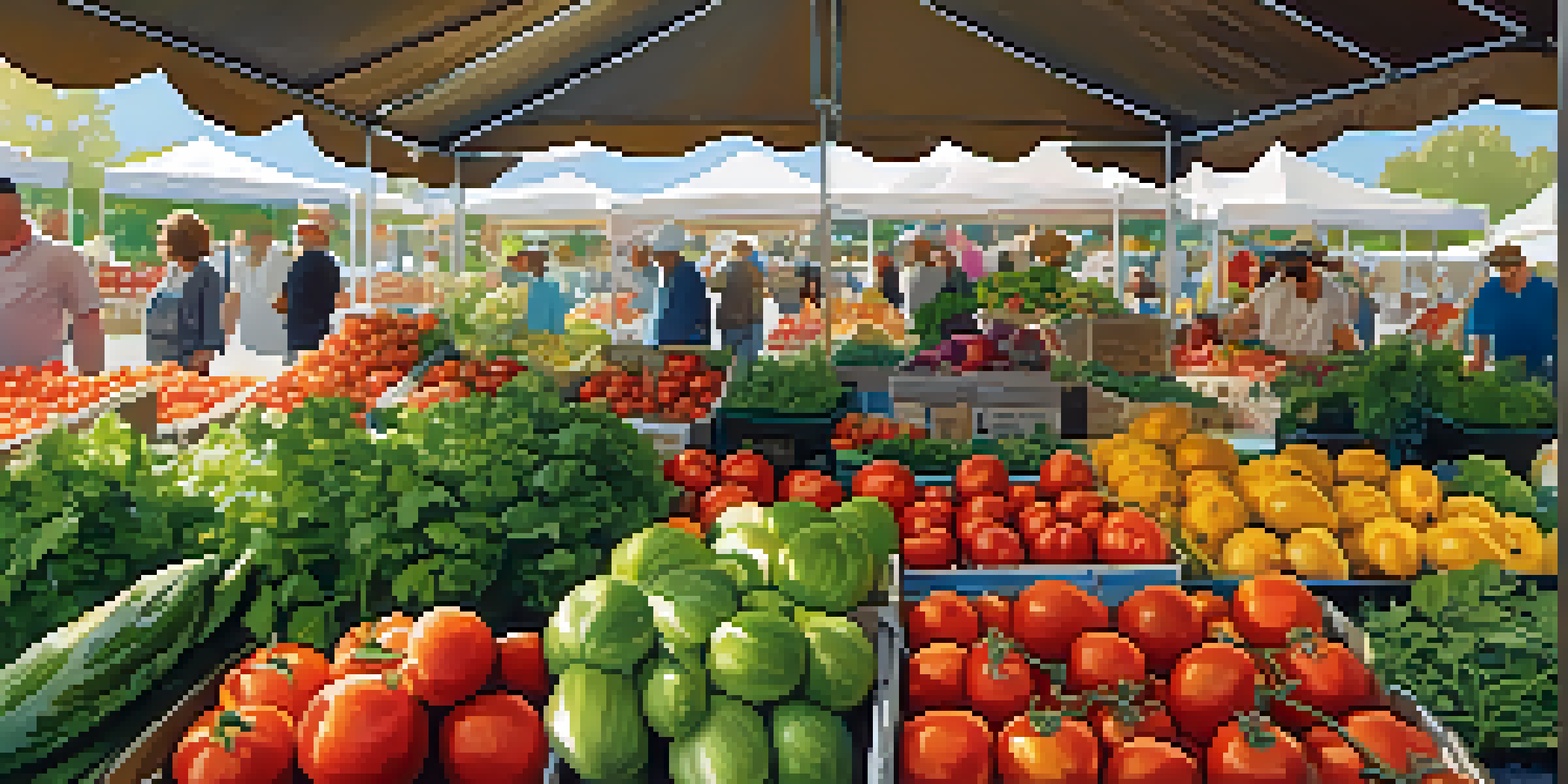 A farmer's market filled with colorful organic fruits and vegetables under a sunny tent.