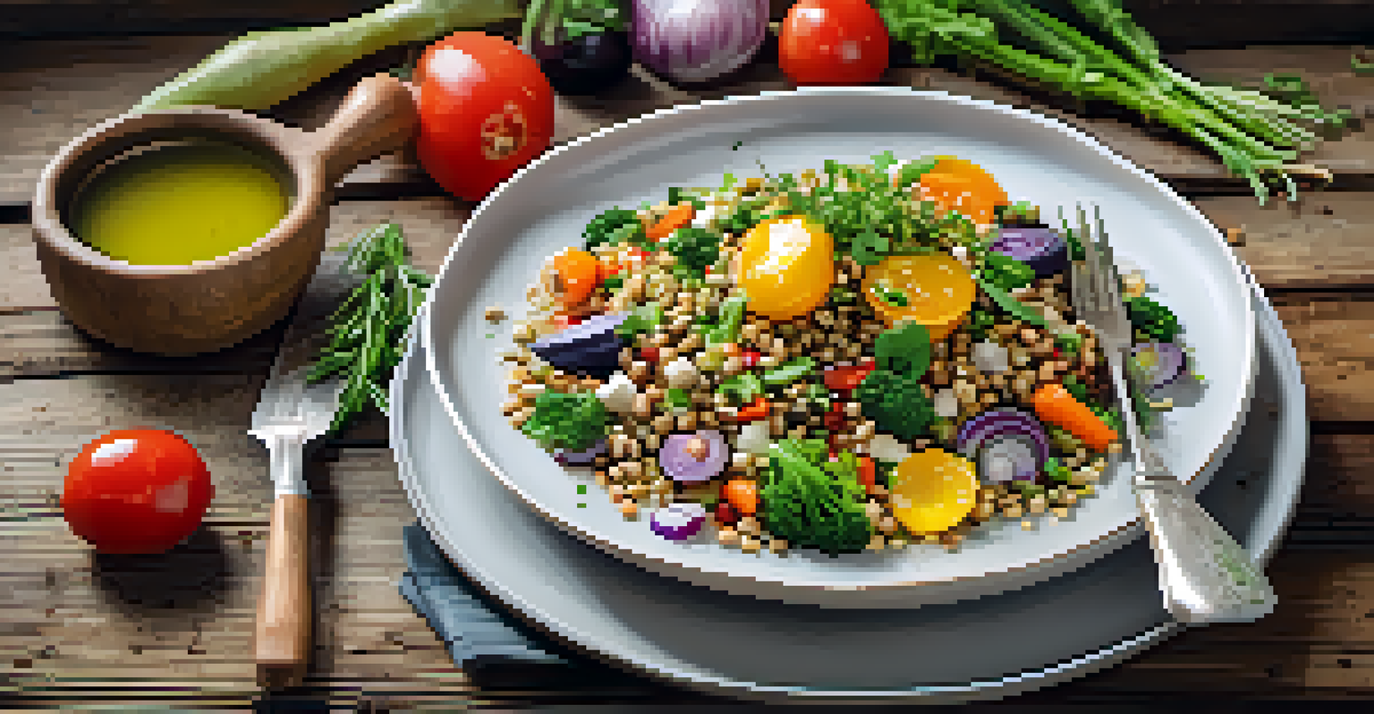 An artistic presentation of a vegetarian dish with colorful vegetables and grains on a rustic wooden table.