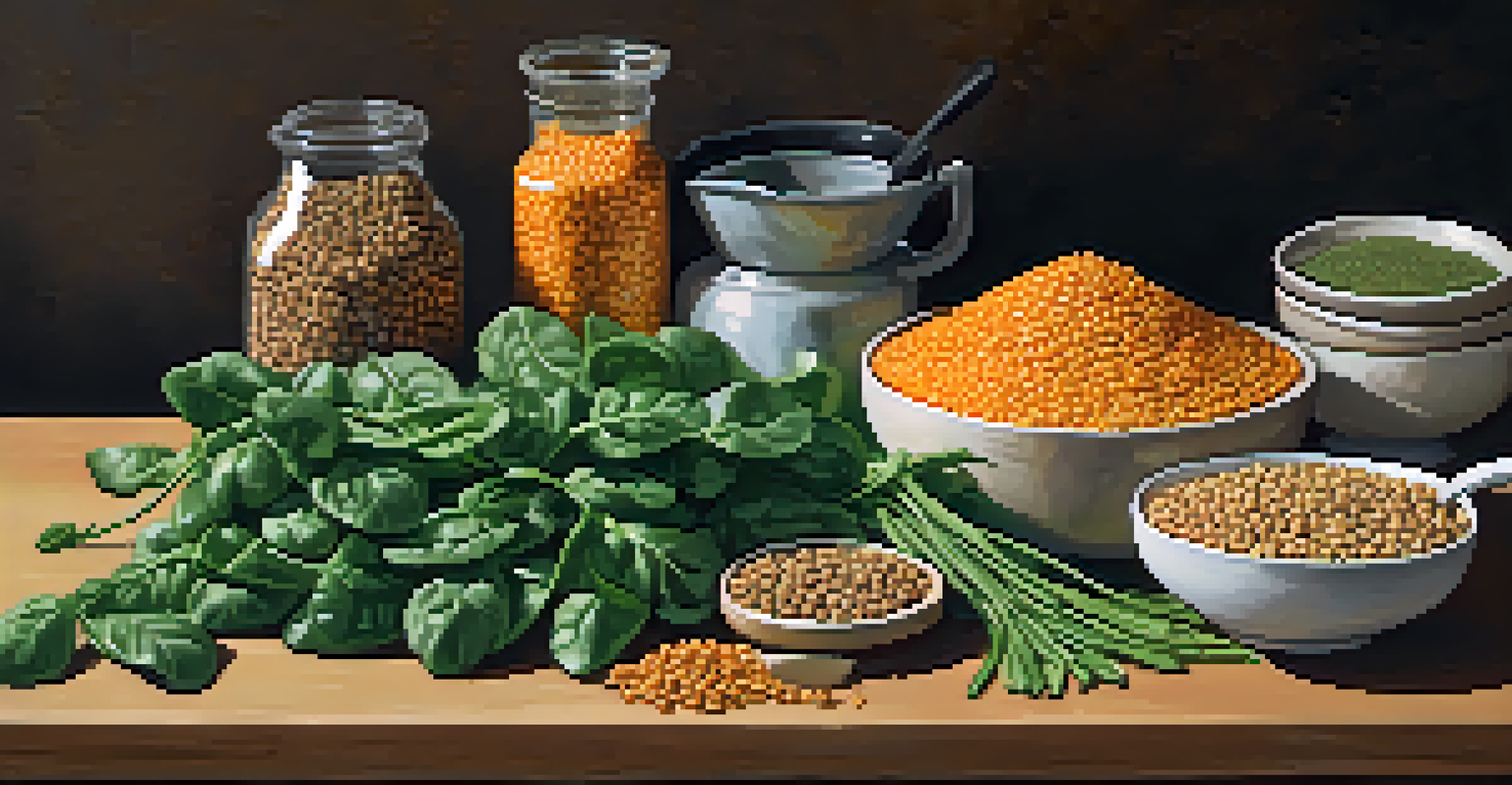 A collection of iron-rich vegetarian foods like spinach and lentils arranged on a kitchen counter, with soft warm lighting enhancing the scene.