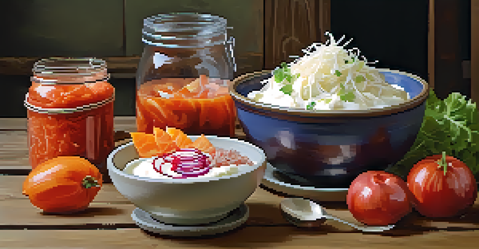 A colorful display of fermented foods including yogurt, kimchi, and sauerkraut on a wooden table.