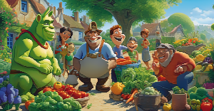 A cheerful animated scene with characters picking vegetables in a colorful garden.