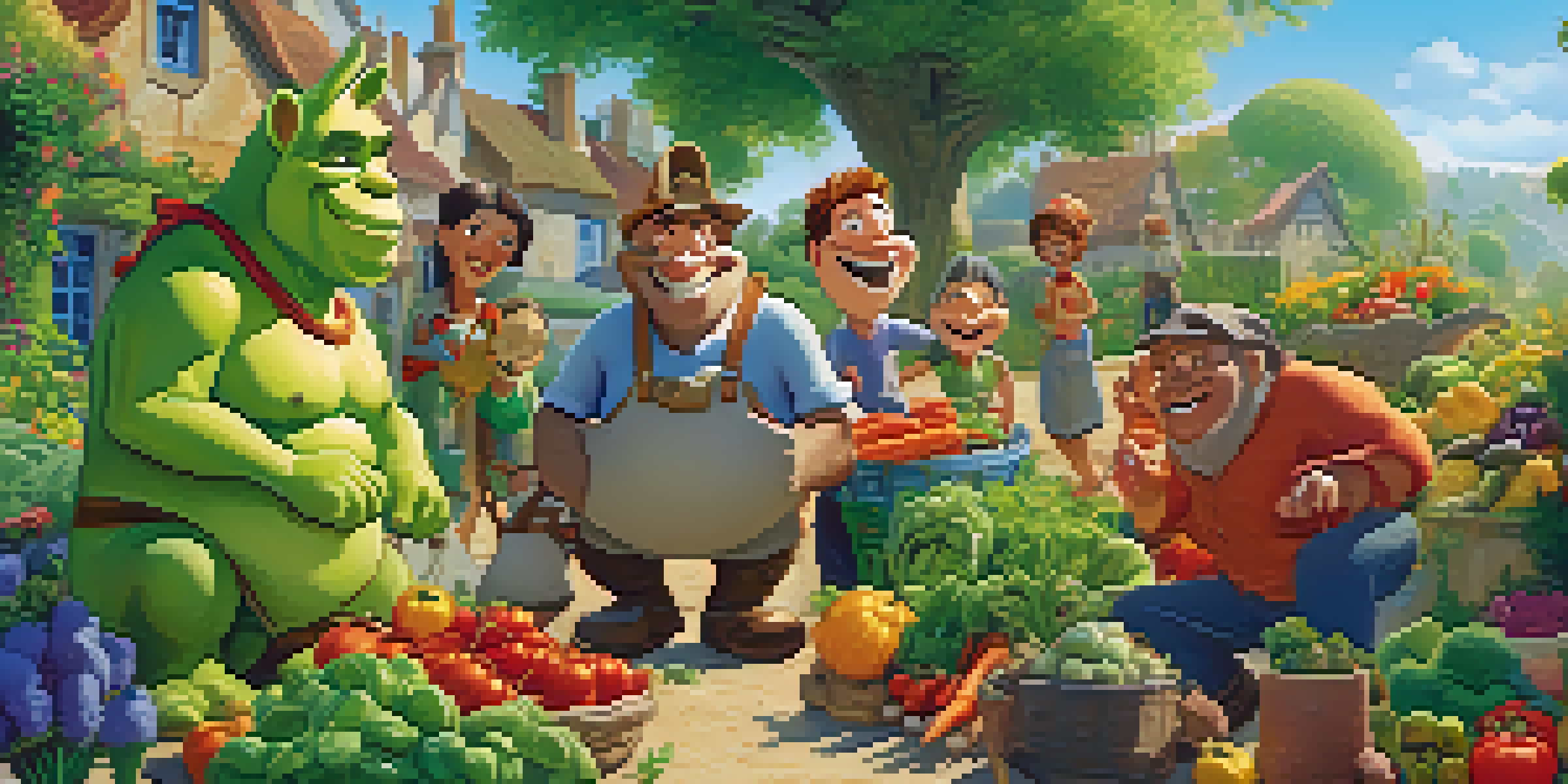 A cheerful animated scene with characters picking vegetables in a colorful garden.