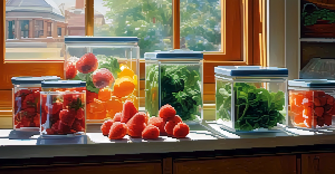 A bright kitchen filled with colorful frozen fruits and vegetables stored in clear containers, illuminated by sunlight.