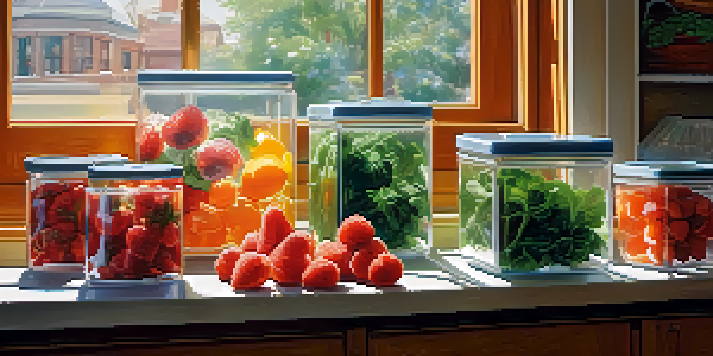A bright kitchen filled with colorful frozen fruits and vegetables stored in clear containers, illuminated by sunlight.