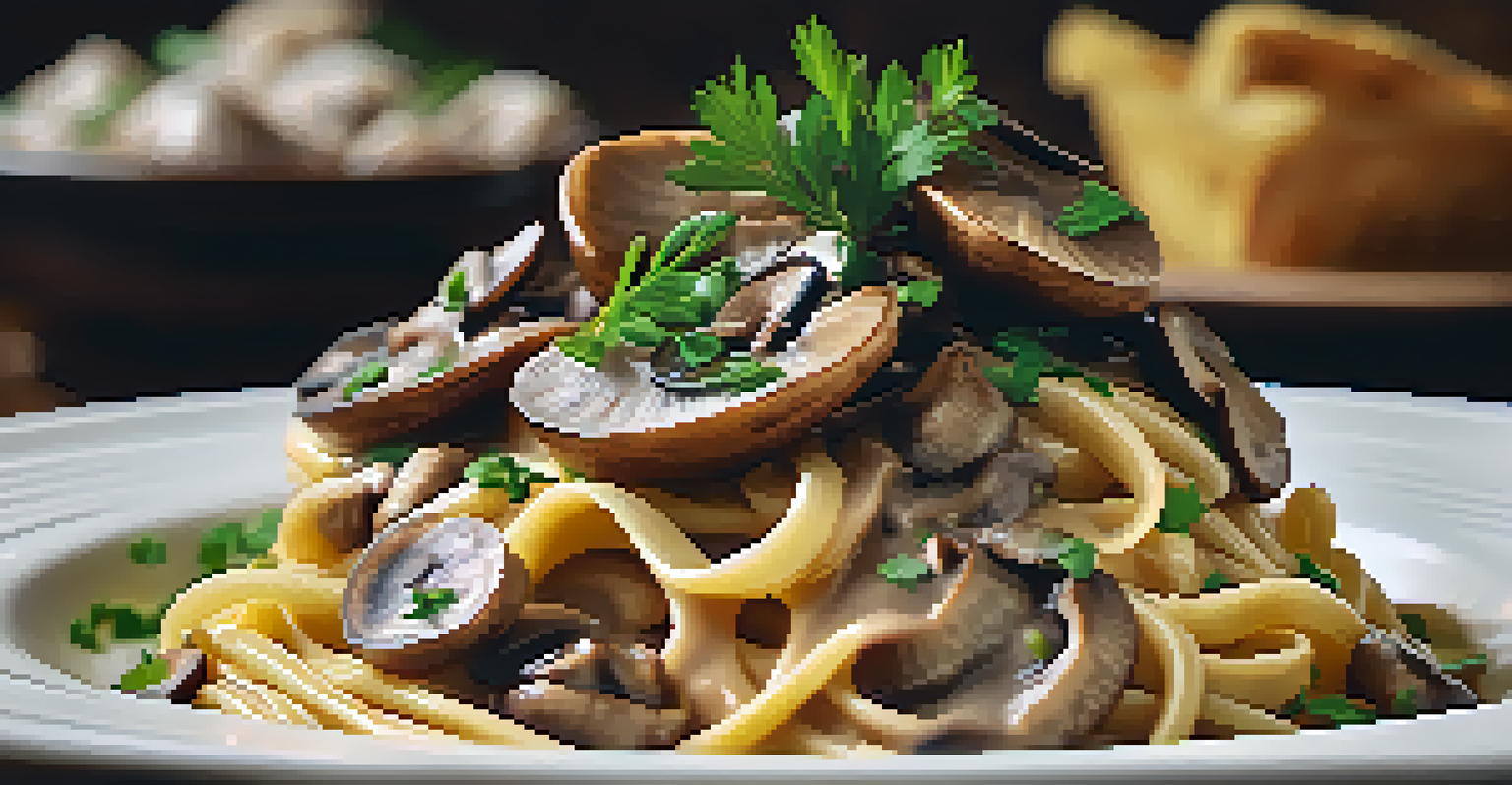 A bowl of creamy mushroom stroganoff with egg noodles and fresh herbs.