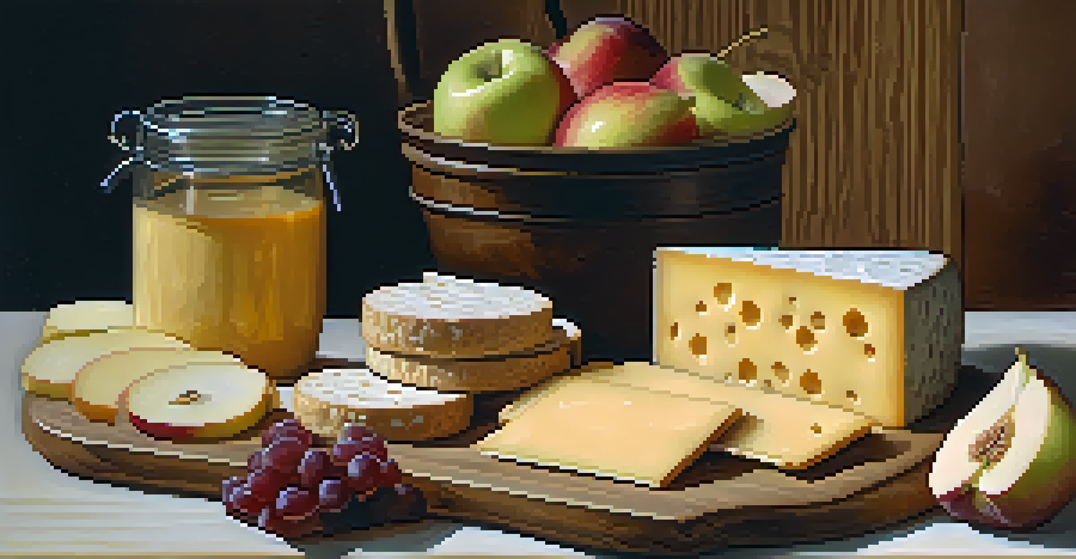 A wooden board with cheese slices, whole-grain crackers, and fresh apple slices, beautifully arranged with fig jam on the side, illuminated by warm lighting.