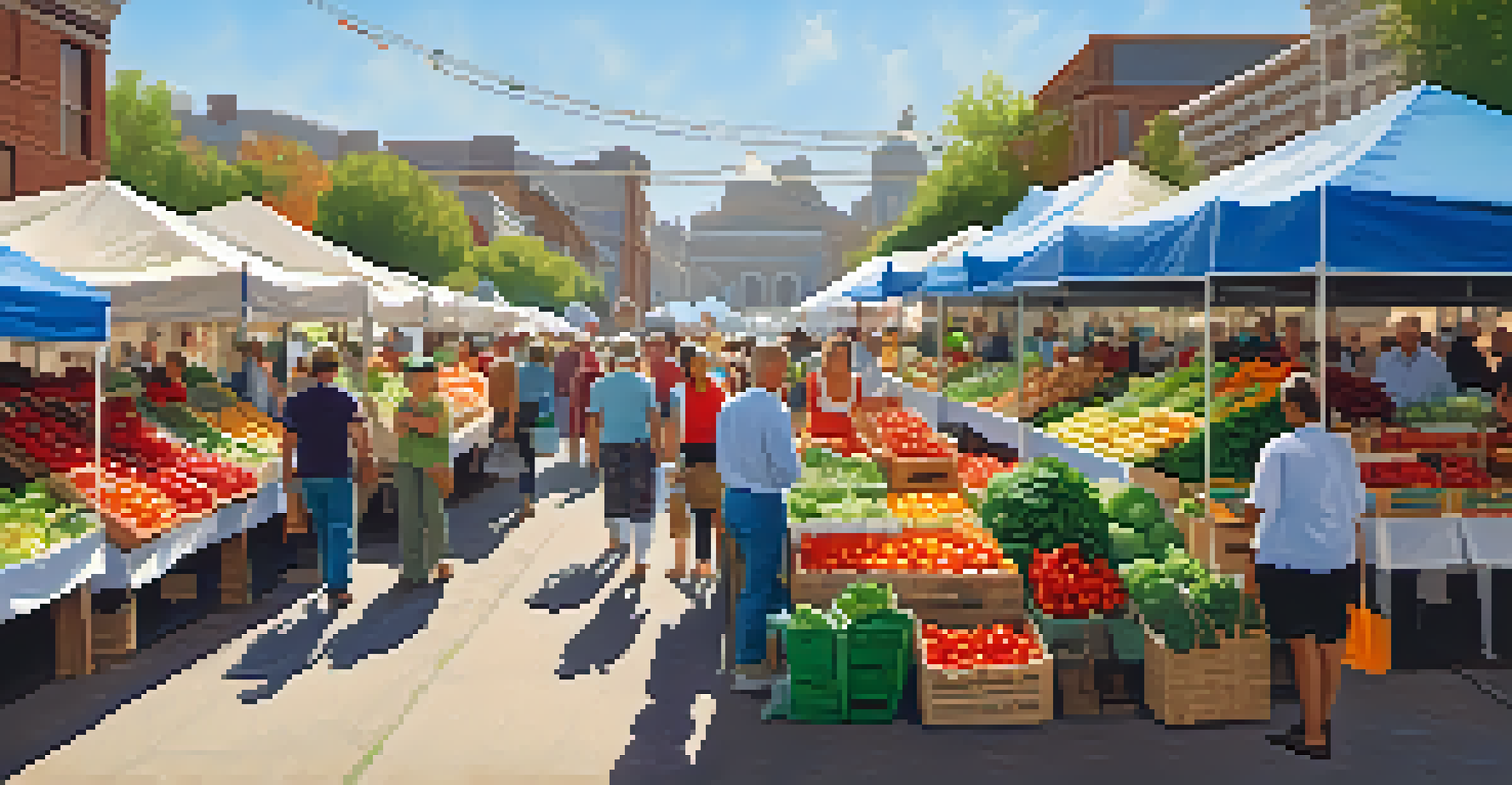 A lively farmers' market showcasing fresh seasonal produce with shoppers and vendors under a blue sky.