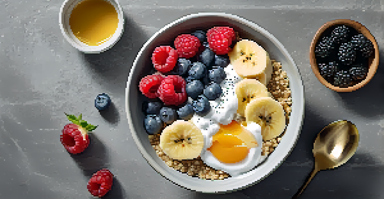 A breakfast bowl with quinoa, berries, bananas, and Greek yogurt, set on a textured surface with honey and chia seeds.