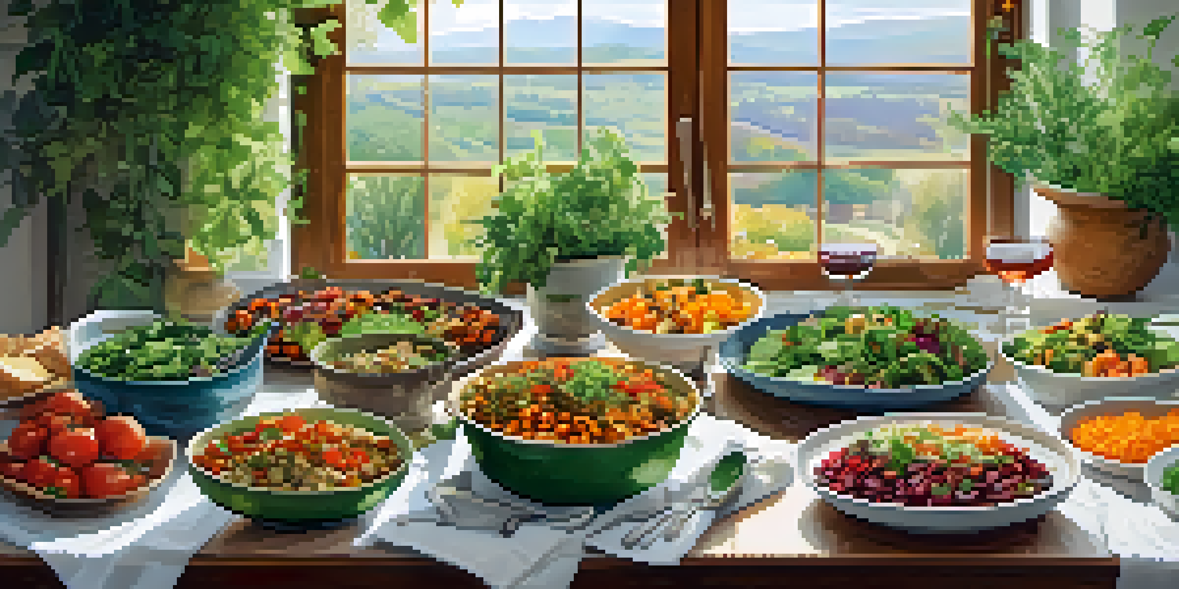 A table set with various colorful vegetarian dishes and fresh herbs, illuminated by natural light.