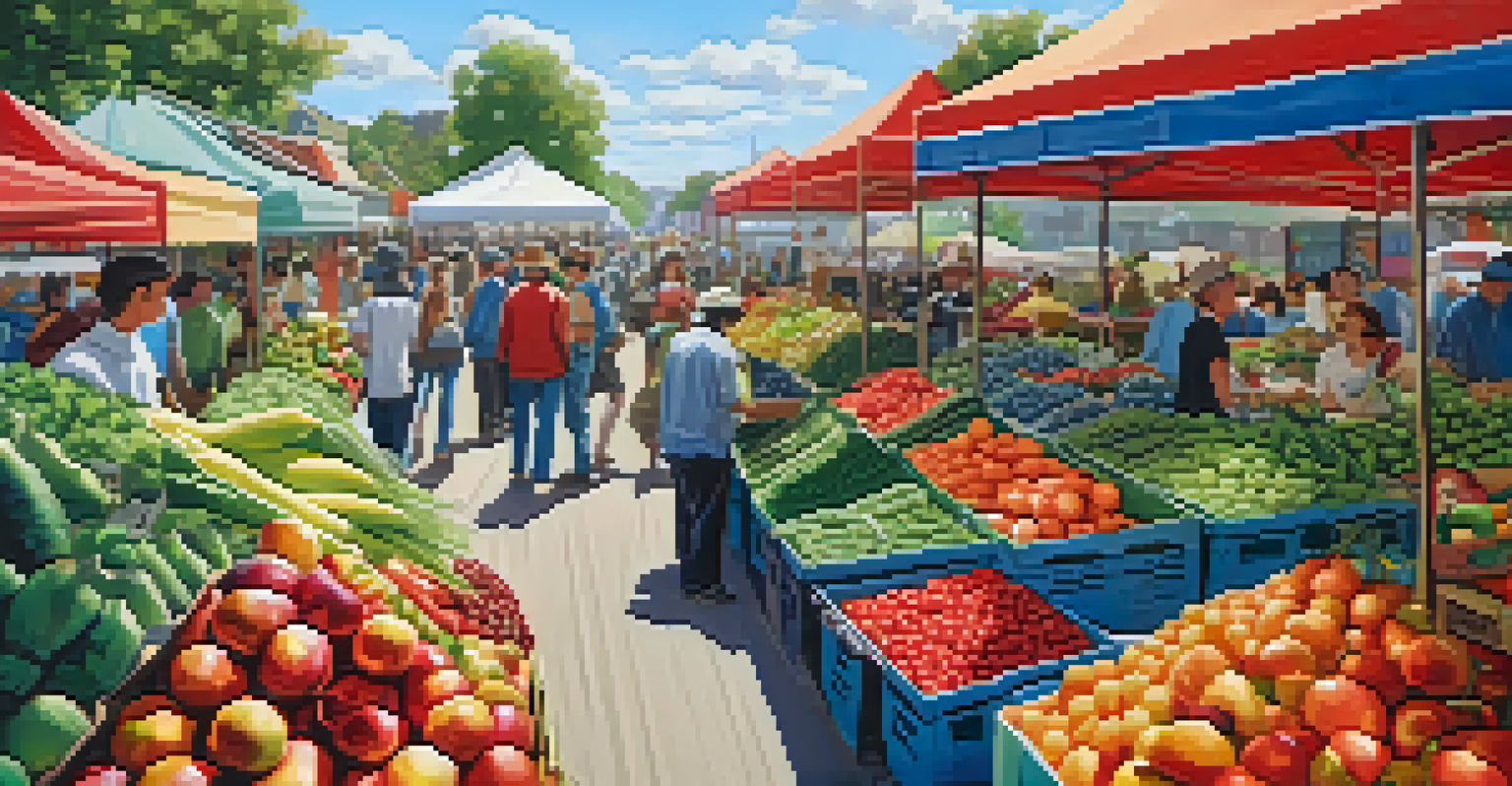 A busy farmer's market showcasing colorful fruits and vegetables with people shopping.