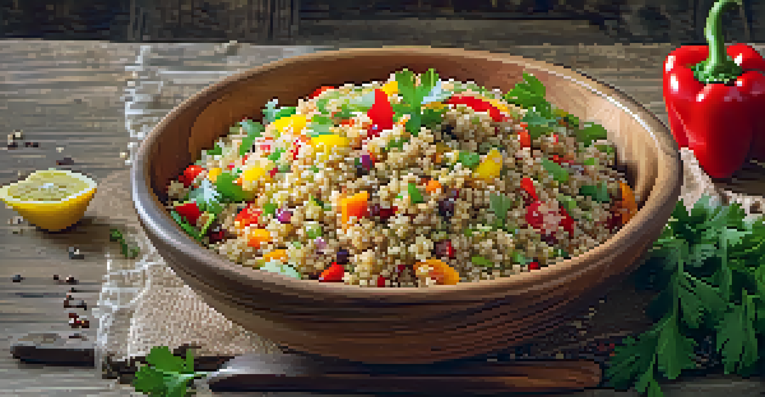 A quinoa salad with vibrant bell peppers on a rustic wooden table.