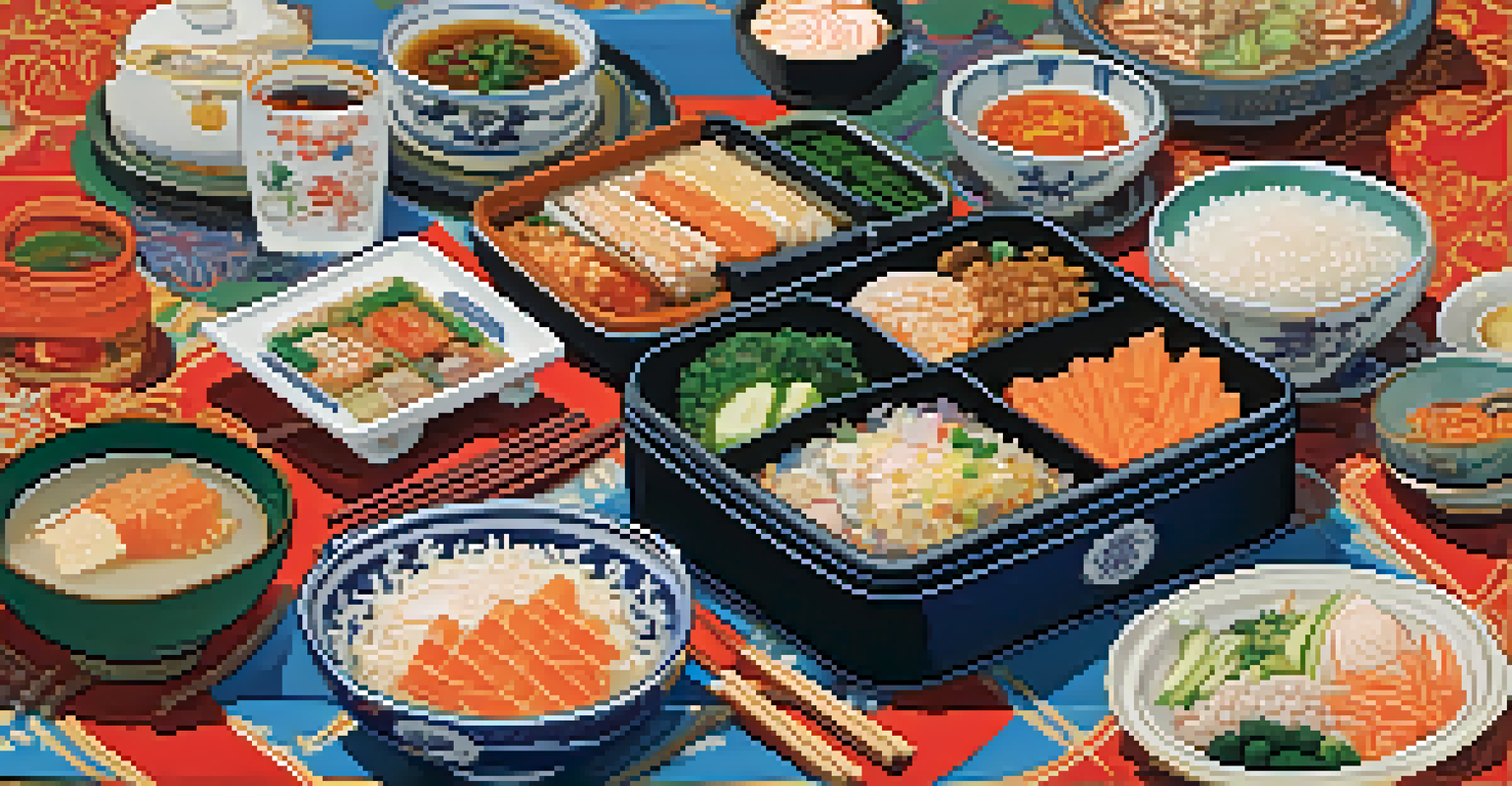 A bento box with kimchi, pickled carrots, rice, and miso soup on a colorful tablecloth with chopsticks.