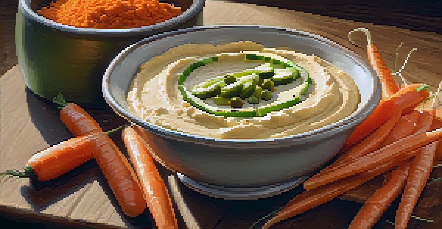 A bowl of creamy hummus garnished with olive oil and paprika, surrounded by fresh veggie sticks.