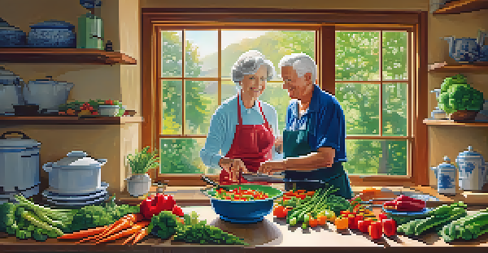 A senior couple happily cooking a colorful vegetable stir-fry in a bright kitchen filled with fresh vegetables and sunlight.