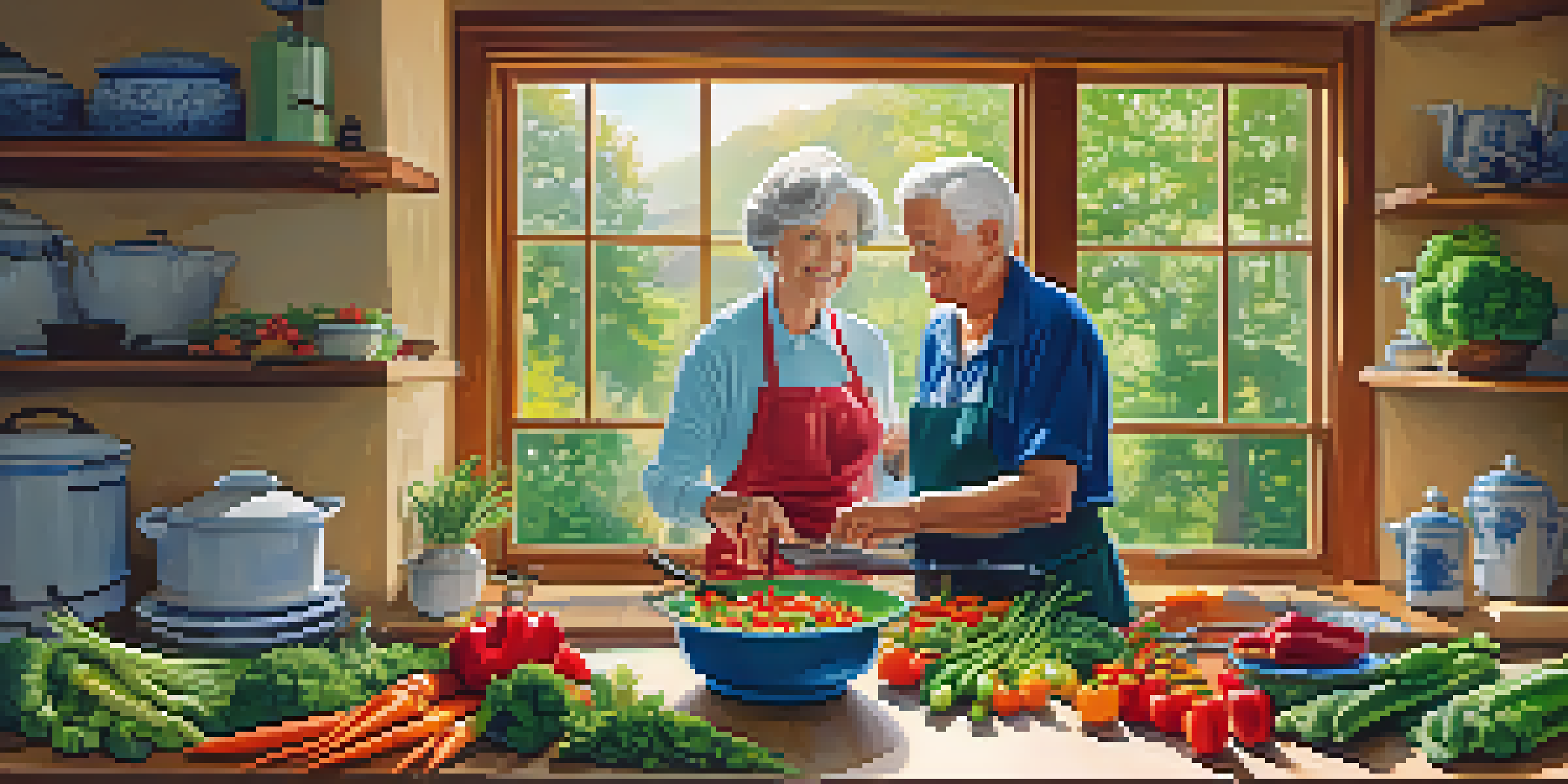 A senior couple happily cooking a colorful vegetable stir-fry in a bright kitchen filled with fresh vegetables and sunlight.