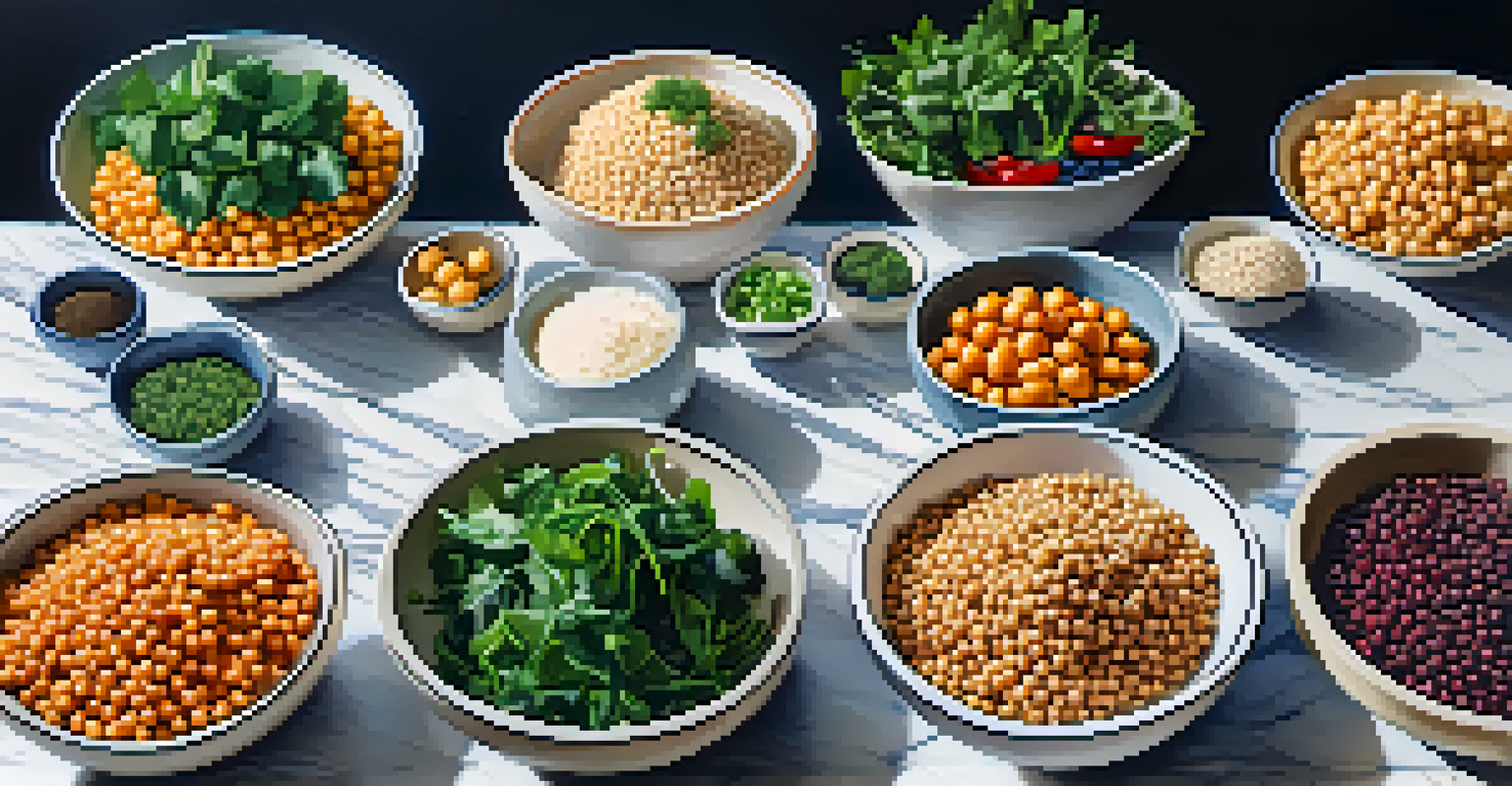 Colorful bowls of vegetarian ingredients like quinoa and chickpeas on a marble countertop.