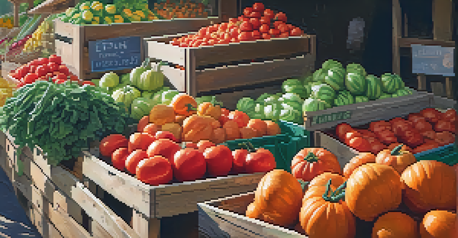 A farmer's market stall filled with fresh seasonal vegetables and fruits, showcasing their vibrant colors under warm sunlight.